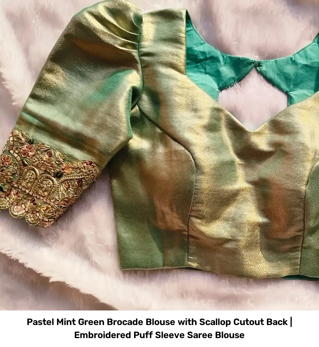 Pastel Mint Green Brocade Blouse with Scallop Cutout Back | Embroidered Puff Sleeve Saree Blouse 2