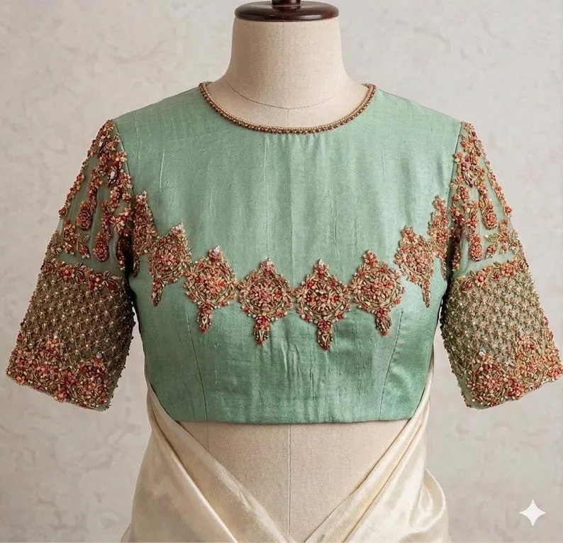 Pastel Mint Maggam Work Blouse | Sheer Illusion Net Neck Top