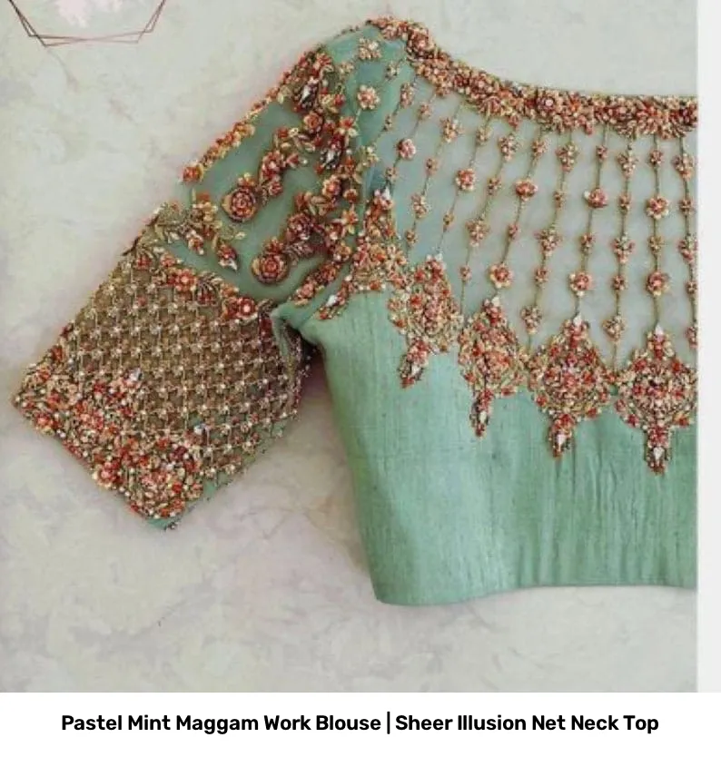 Pastel Mint Maggam Work Blouse | Sheer Illusion Net Neck Top 2