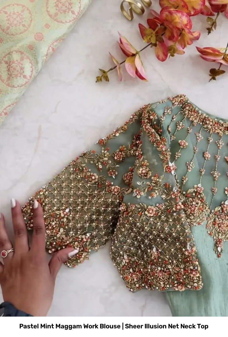Pastel Mint Maggam Work Blouse | Sheer Illusion Net Neck Top 3