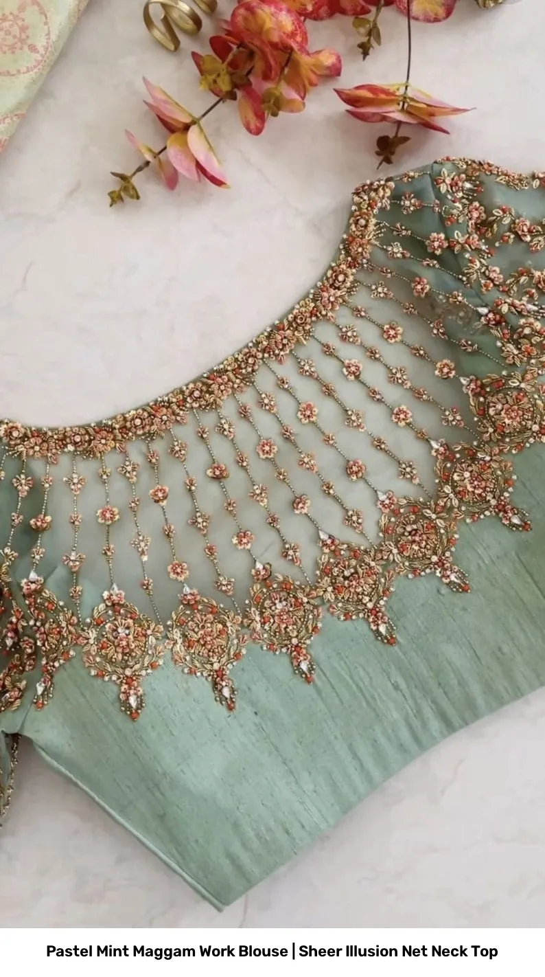 Pastel Mint Maggam Work Blouse | Sheer Illusion Net Neck Top 4