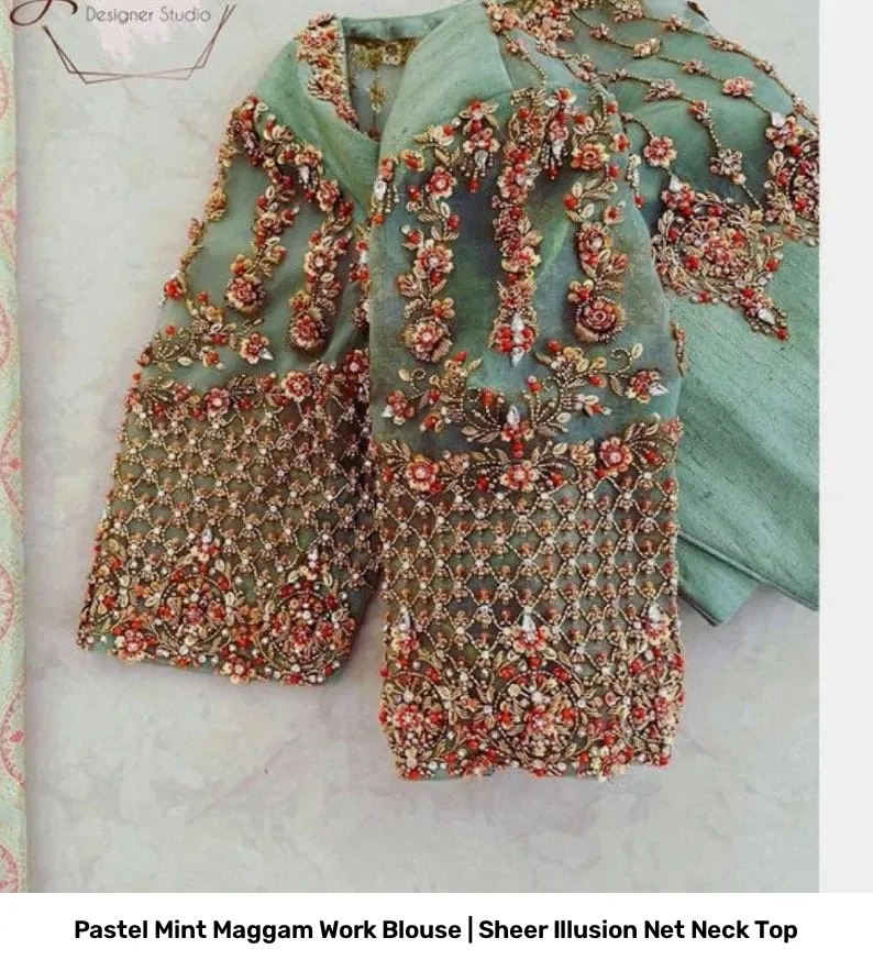 Pastel Mint Maggam Work Blouse | Sheer Illusion Net Neck Top 5