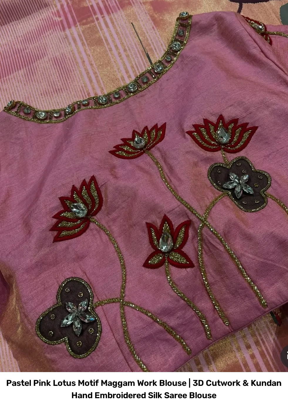 Pastel Pink Lotus Motif Maggam Work Blouse | 3D Cutwork & Kundan Hand Embroidered Silk Saree Blouse 4