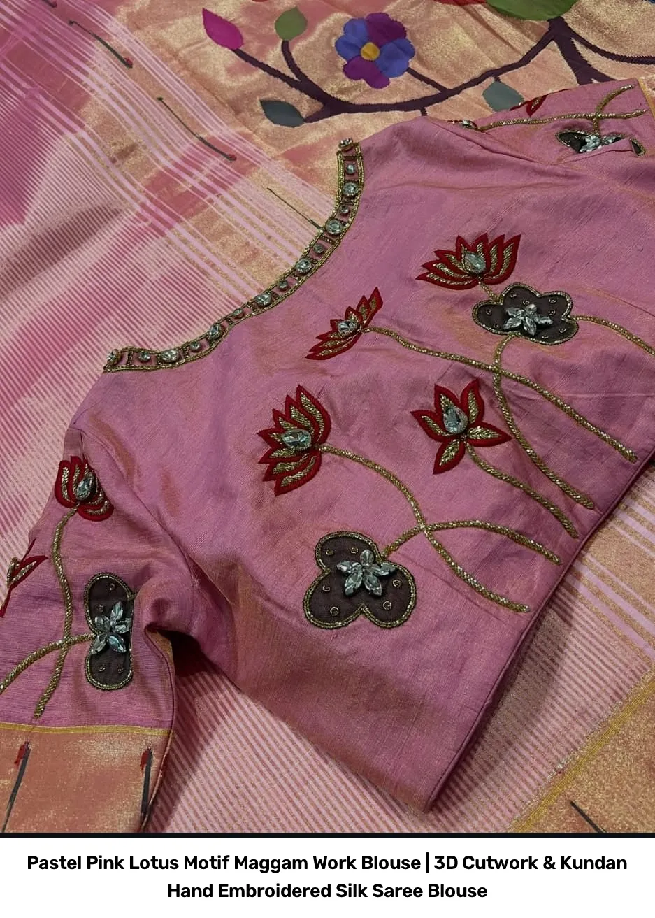Pastel Pink Lotus Motif Maggam Work Blouse | 3D Cutwork & Kundan Hand Embroidered Silk Saree Blouse 5