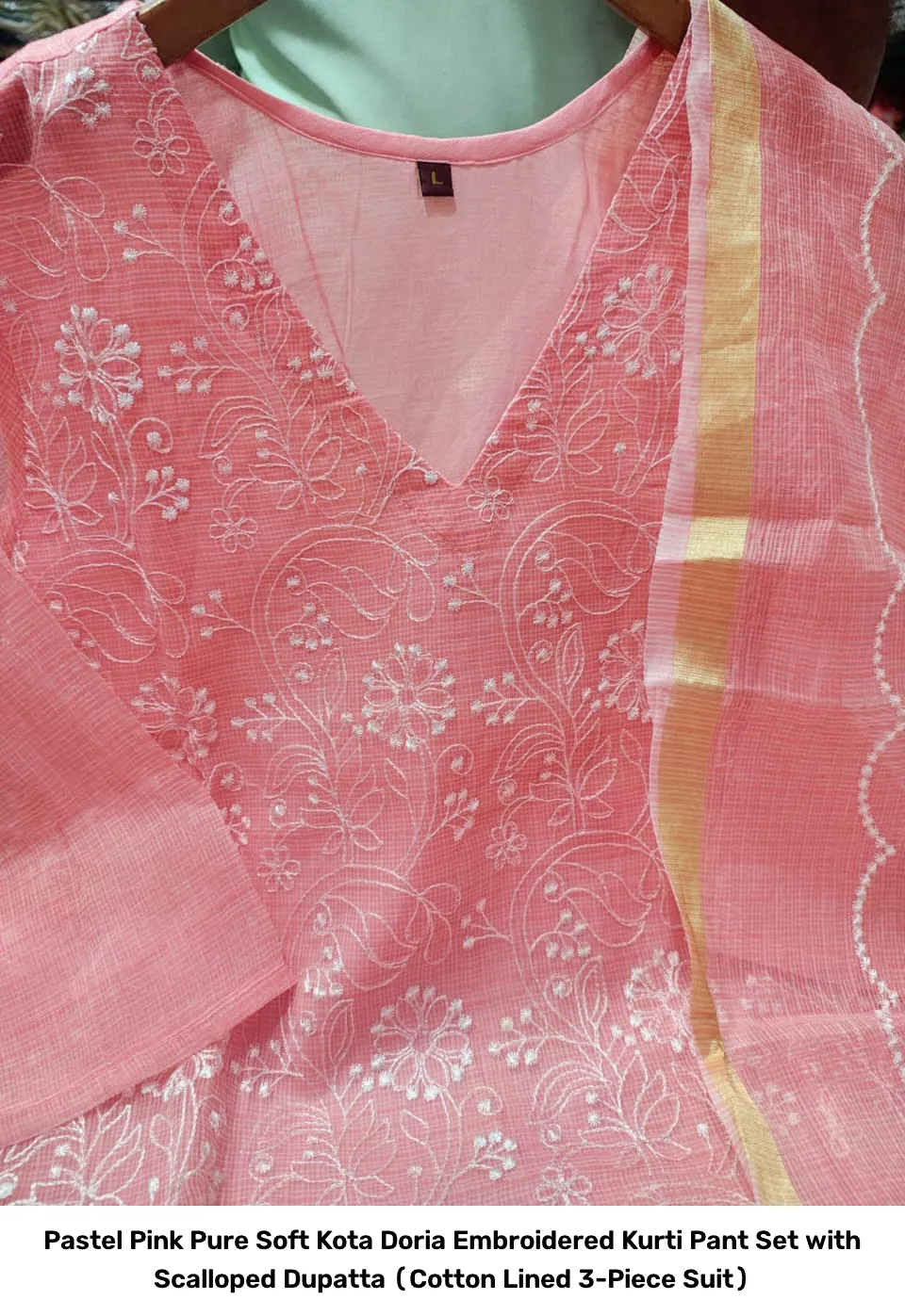 Pastel Pink Pure Soft Kota Doria Embroidered Kurti Pant Set with Scalloped Dupatta (Cotton Lined 3-Piece Suit) 2