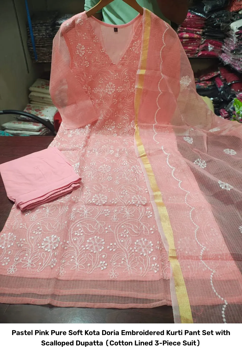 Pastel Pink Pure Soft Kota Doria Embroidered Kurti Pant Set with Scalloped Dupatta (Cotton Lined 3-Piece Suit) 3