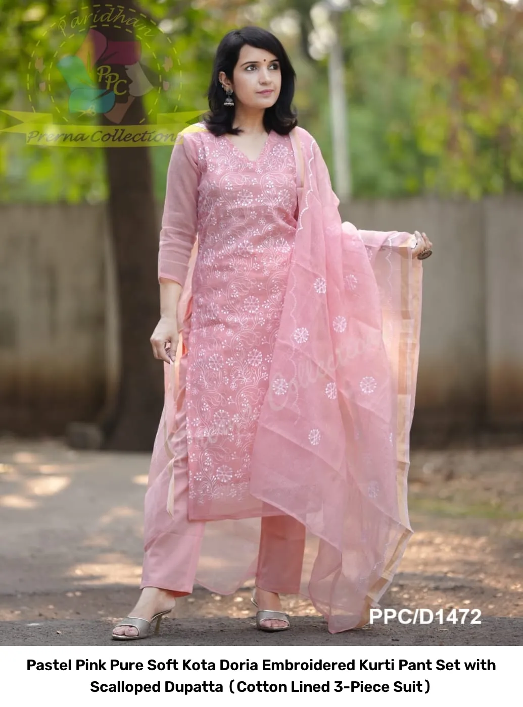 Pastel Pink Pure Soft Kota Doria Embroidered Kurti Pant Set with Scalloped Dupatta (Cotton Lined 3-Piece Suit) 4