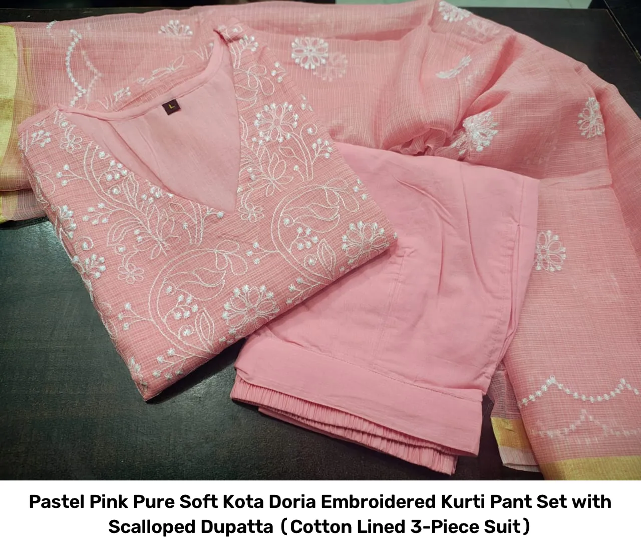 Pastel Pink Pure Soft Kota Doria Embroidered Kurti Pant Set with Scalloped Dupatta (Cotton Lined 3-Piece Suit) 5