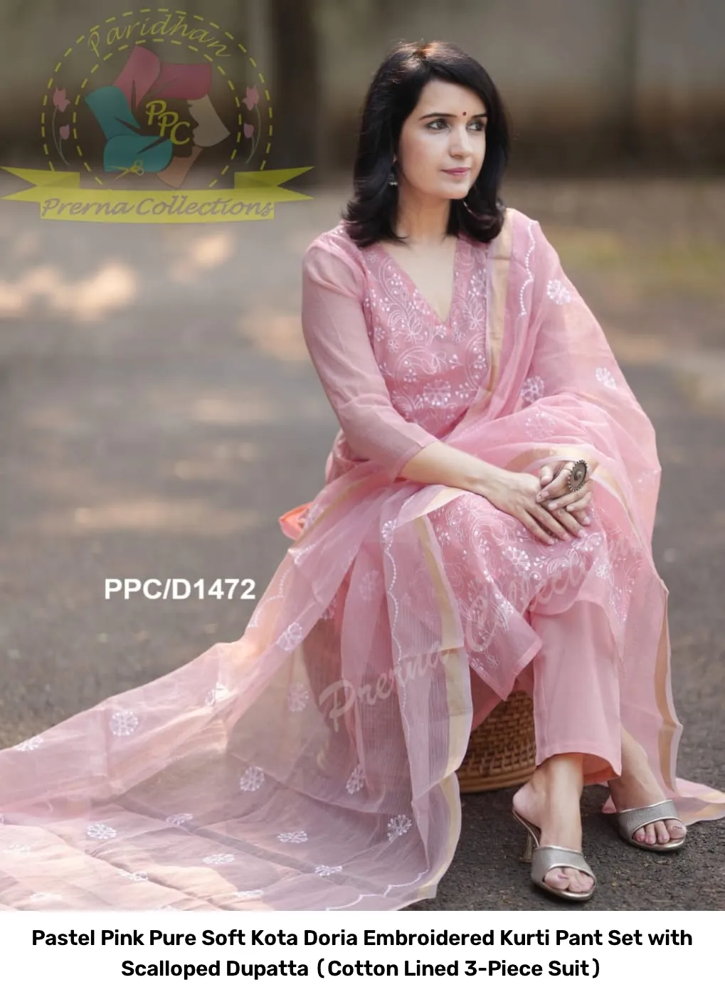 Pastel Pink Pure Soft Kota Doria Embroidered Kurti Pant Set with Scalloped Dupatta (Cotton Lined 3-Piece Suit) 6