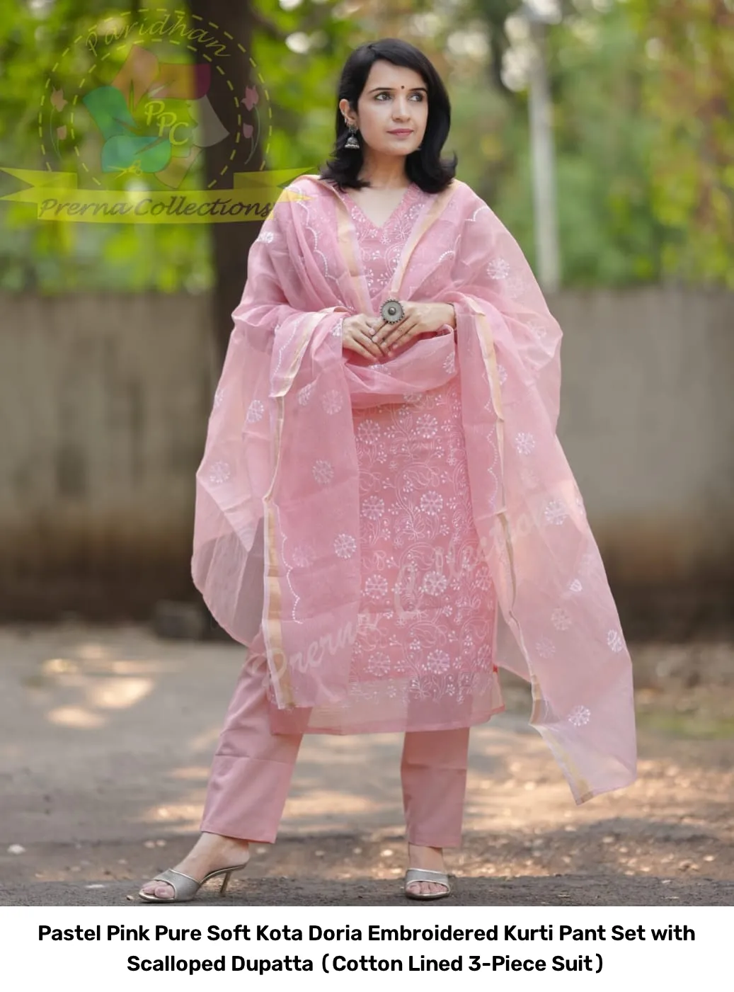 Pastel Pink Pure Soft Kota Doria Embroidered Kurti Pant Set with Scalloped Dupatta (Cotton Lined 3-Piece Suit) 7