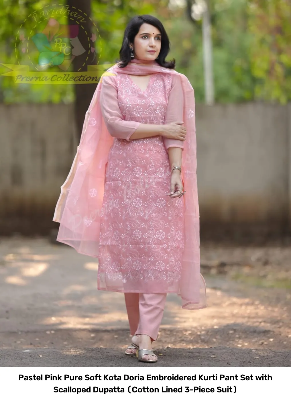 Pastel Pink Pure Soft Kota Doria Embroidered Kurti Pant Set with Scalloped Dupatta (Cotton Lined 3-Piece Suit) 8