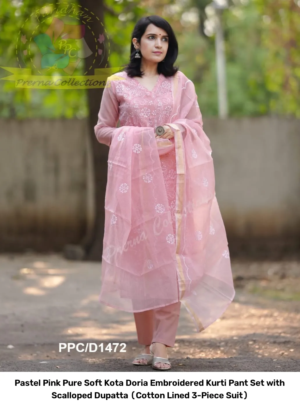 Pastel Pink Pure Soft Kota Doria Embroidered Kurti Pant Set with Scalloped Dupatta (Cotton Lined 3-Piece Suit) 9