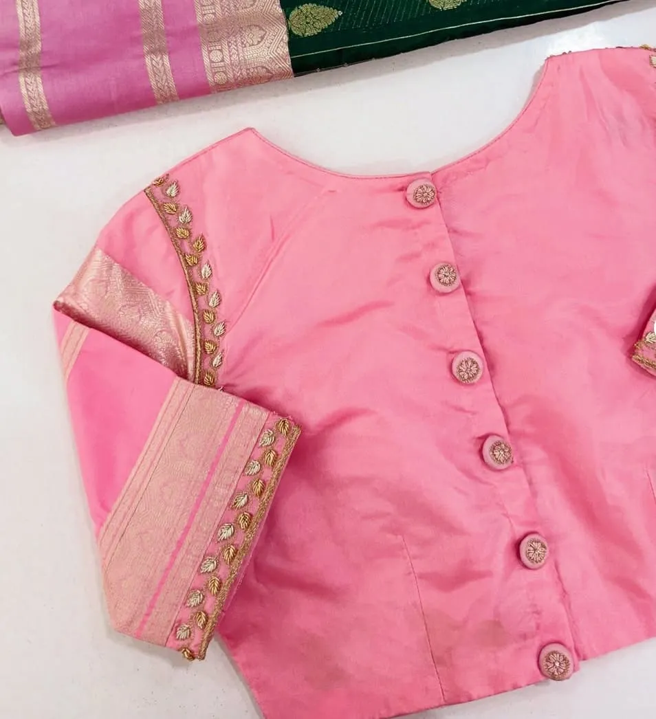 Pastel Pink Silk Readymade Saree Blouse | One-Side Asymmetric Sweetheart Aari Work | Handcrafted Button Back & Gold Zari Border Blouse