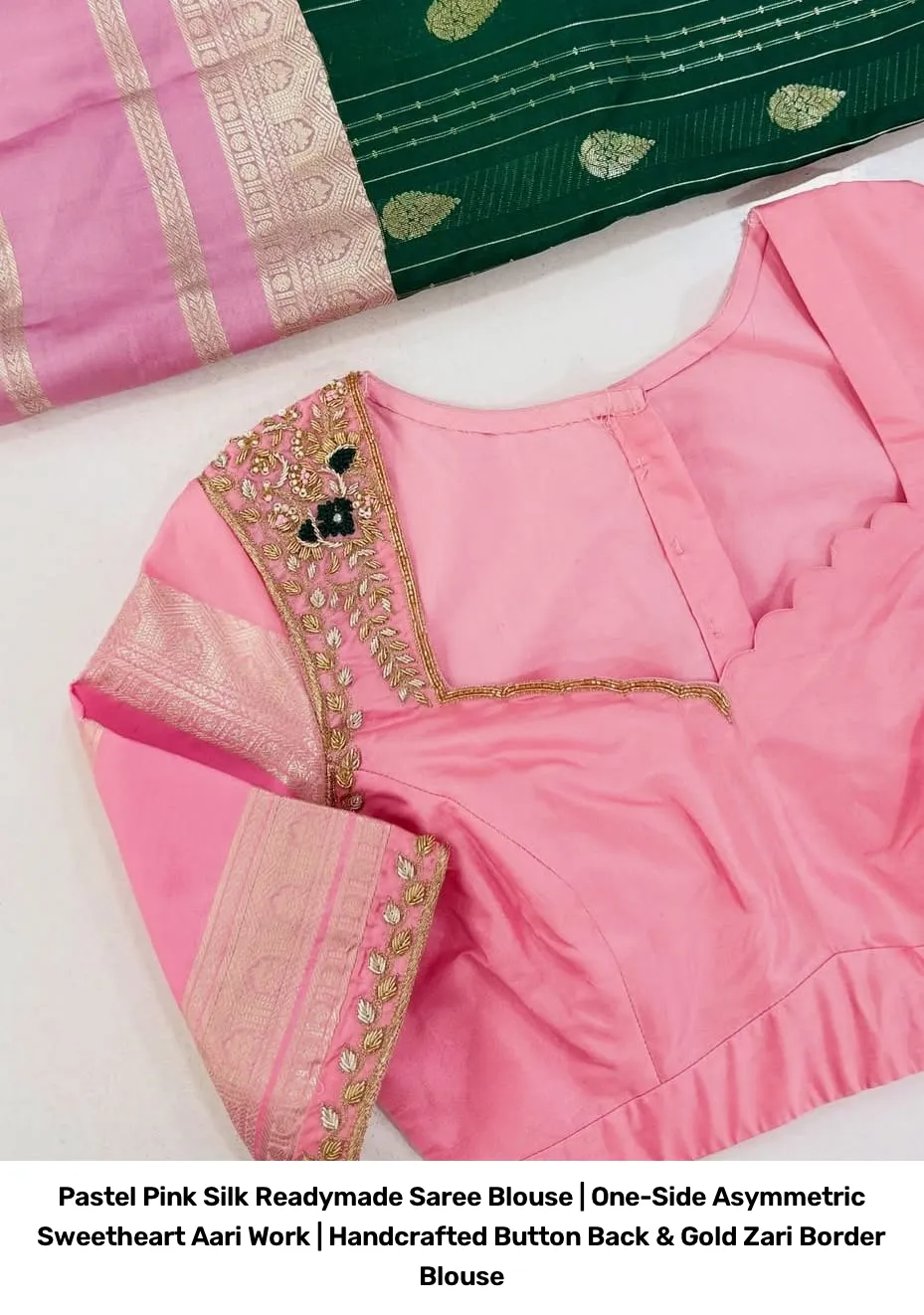 Pastel Pink Silk Readymade Saree Blouse | One-Side Asymmetric Sweetheart Aari Work | Handcrafted Button Back & Gold Zari Border Blouse 2