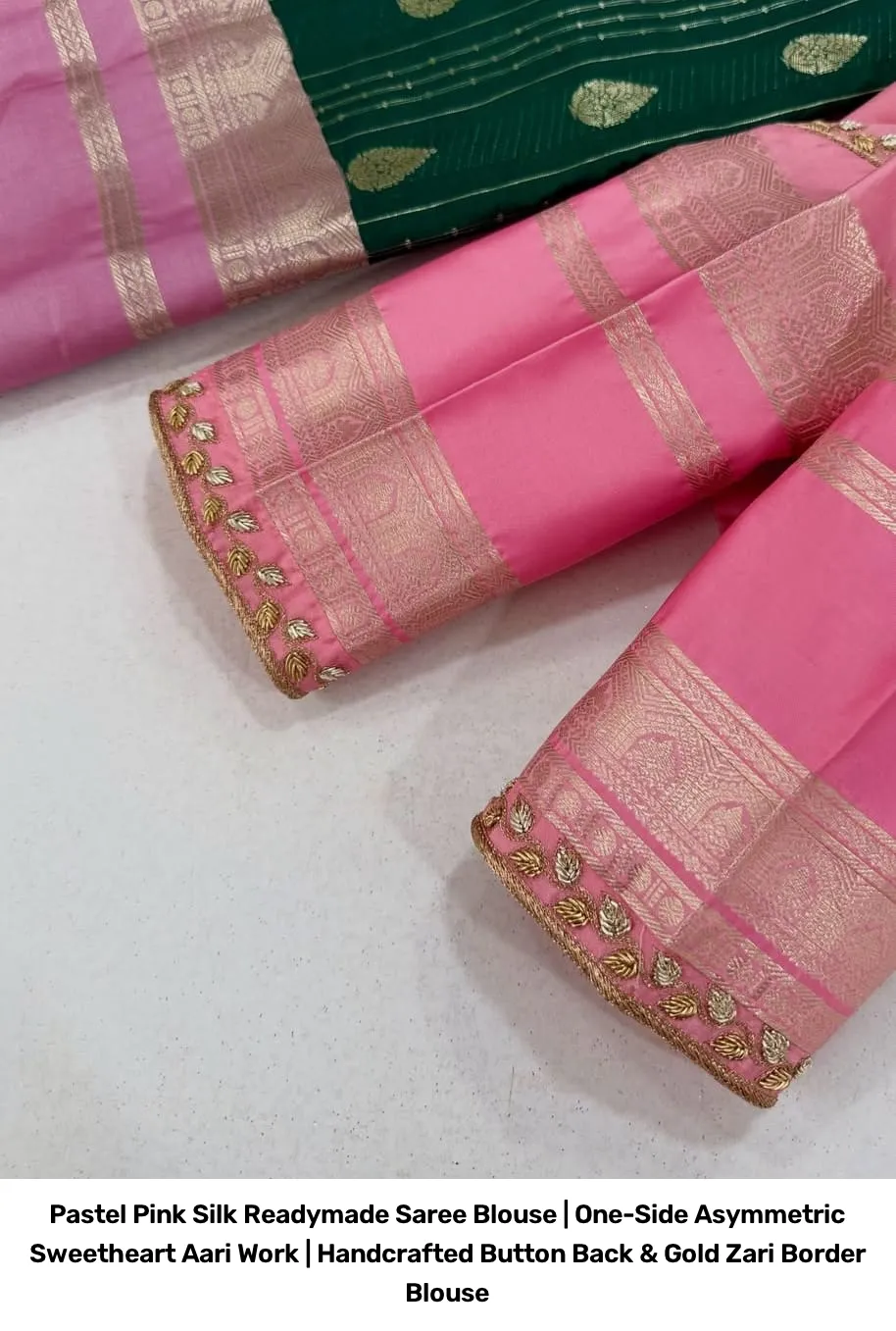 Pastel Pink Silk Readymade Saree Blouse | One-Side Asymmetric Sweetheart Aari Work | Handcrafted Button Back & Gold Zari Border Blouse 3