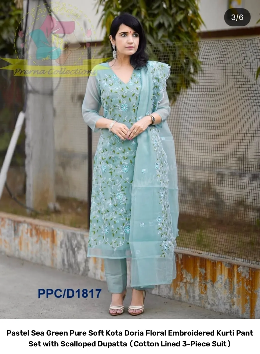 Pastel Sea Green Pure Soft Kota Doria Floral Embroidered Kurti Pant Set with Scalloped Dupatta (Cotton Lined 3-Piece Suit) 2