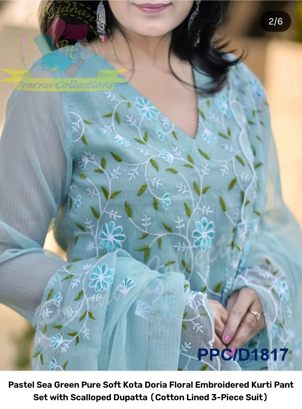 Pastel Sea Green Pure Soft Kota Doria Floral Embroidered Kurti Pant Set with Scalloped Dupatta (Cotton Lined 3-Piece Suit) 3