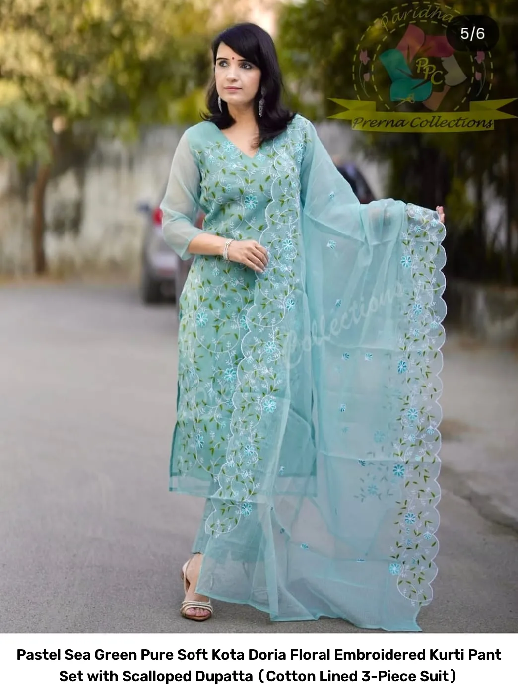 Pastel Sea Green Pure Soft Kota Doria Floral Embroidered Kurti Pant Set with Scalloped Dupatta (Cotton Lined 3-Piece Suit) 4