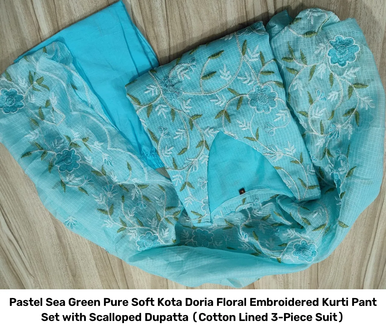 Pastel Sea Green Pure Soft Kota Doria Floral Embroidered Kurti Pant Set with Scalloped Dupatta (Cotton Lined 3-Piece Suit) 5