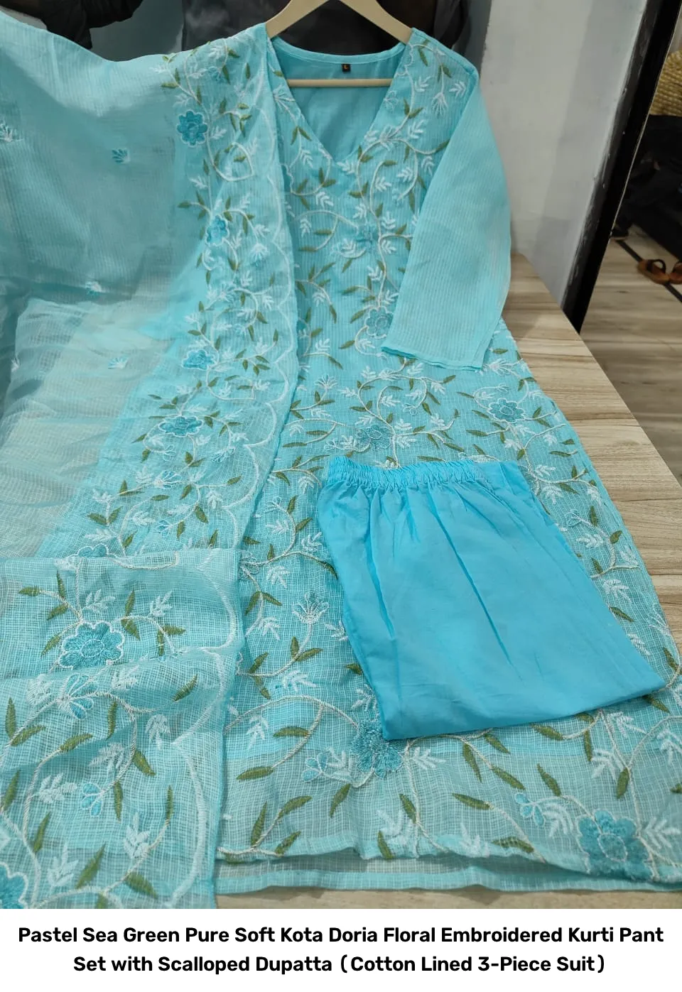 Pastel Sea Green Pure Soft Kota Doria Floral Embroidered Kurti Pant Set with Scalloped Dupatta (Cotton Lined 3-Piece Suit) 6
