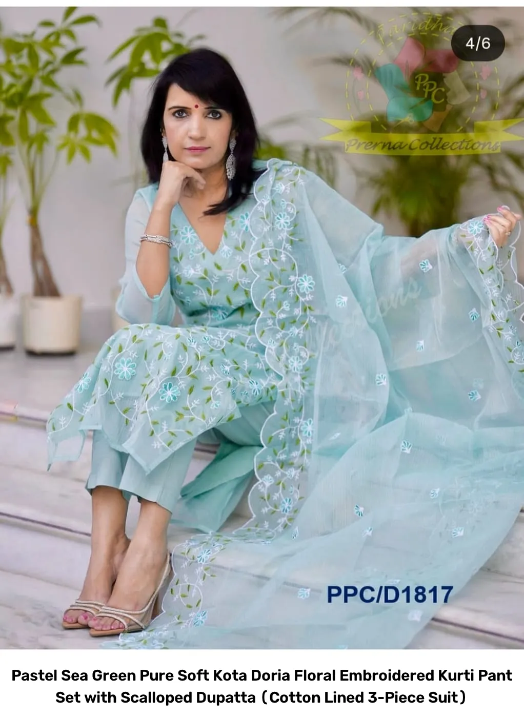 Pastel Sea Green Pure Soft Kota Doria Floral Embroidered Kurti Pant Set with Scalloped Dupatta (Cotton Lined 3-Piece Suit) 7