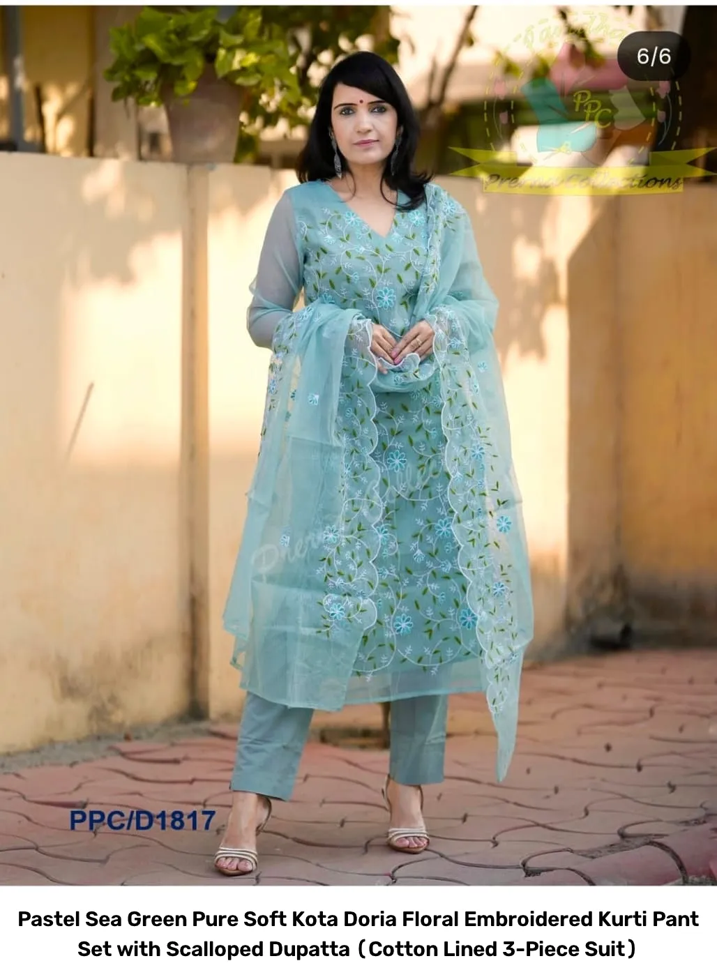 Pastel Sea Green Pure Soft Kota Doria Floral Embroidered Kurti Pant Set with Scalloped Dupatta (Cotton Lined 3-Piece Suit) 8