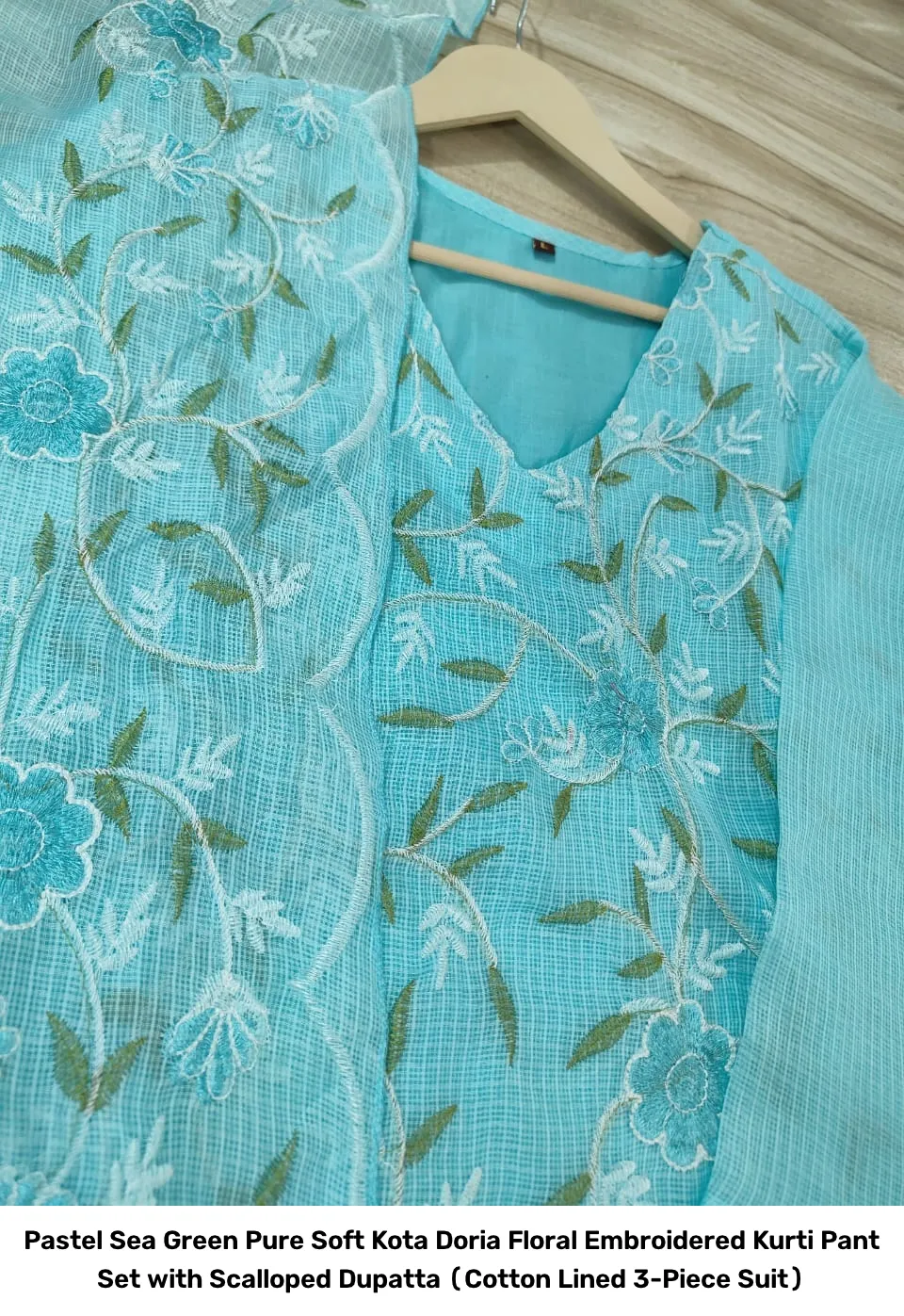 Pastel Sea Green Pure Soft Kota Doria Floral Embroidered Kurti Pant Set with Scalloped Dupatta (Cotton Lined 3-Piece Suit) 9