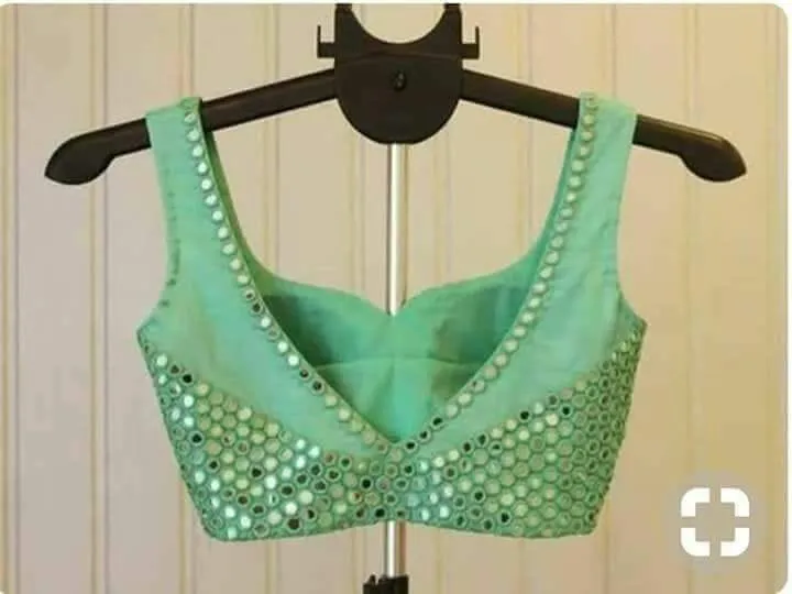 Pastel Sea Green Real Mirror Work Blouse | Deep V-Cut Back Neck Party Wear Saree Blouse