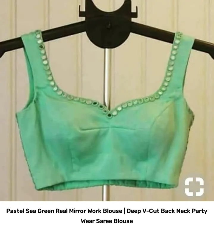 Pastel Sea Green Real Mirror Work Blouse | Deep V-Cut Back Neck Party Wear Saree Blouse 2