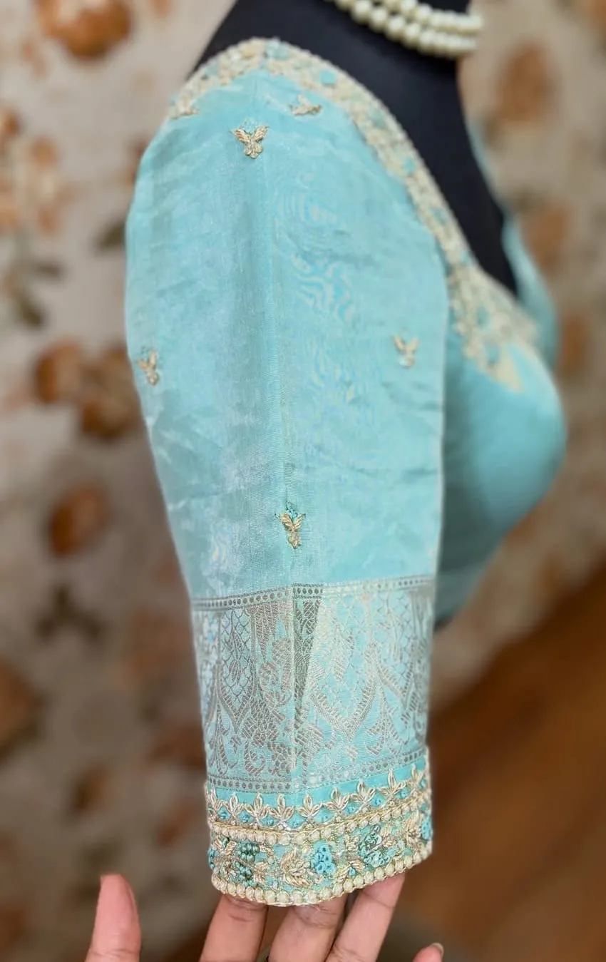 Pastel Sky Blue Silk Readymade Blouse | Designer Aari Embroidery Asymmetric Neckline | Hand Embroidered Pearl & Zardosi Bridal Saree Blouse