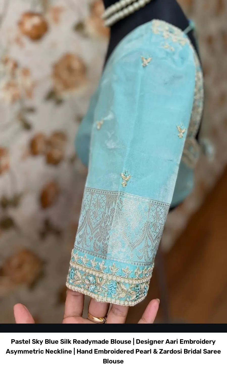 Pastel Sky Blue Silk Readymade Blouse | Designer Aari Embroidery Asymmetric Neckline | Hand Embroidered Pearl & Zardosi Bridal Saree Blouse 2