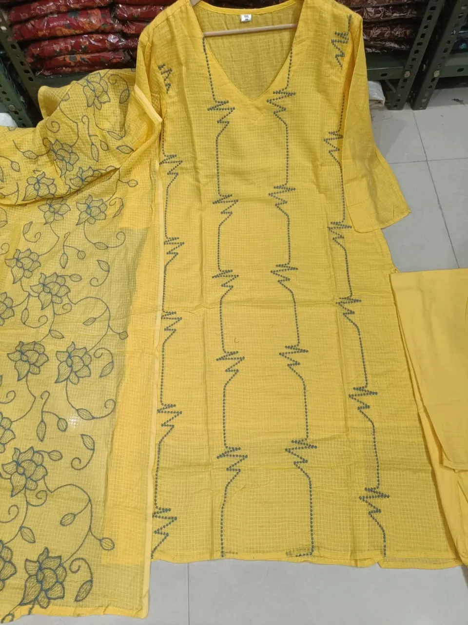 Pastel Yellow Embroidered Kota Doria Kurti Pant Set with Heavy Dupatta (Cotton Lined) 1