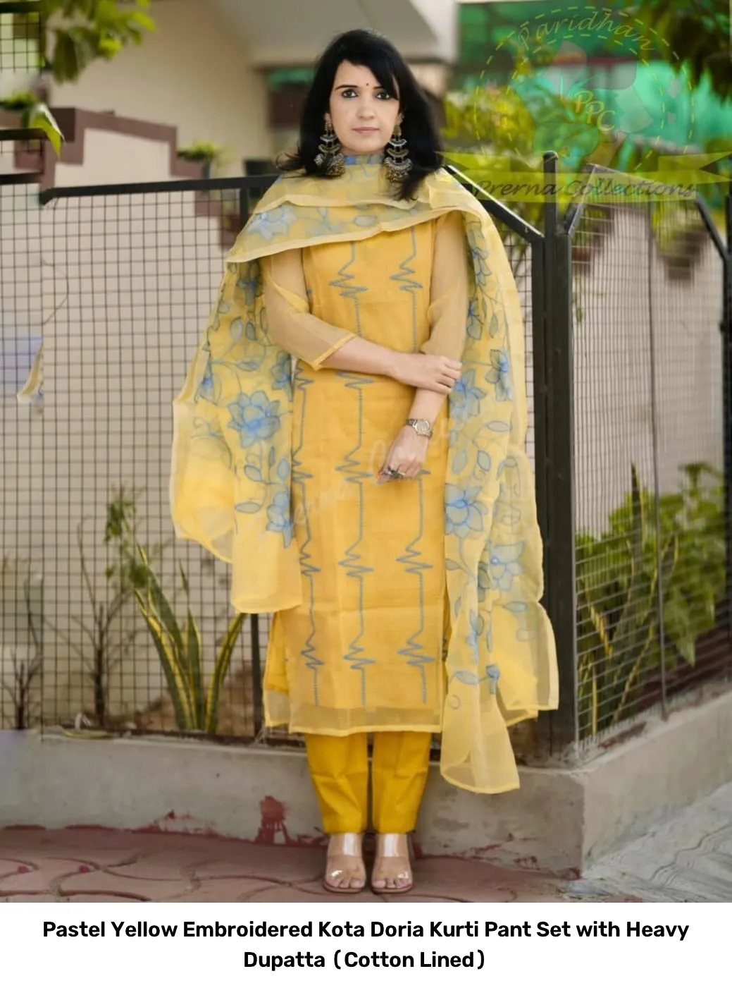 Pastel Yellow Embroidered Kota Doria Kurti Pant Set with Heavy Dupatta (Cotton Lined) 2