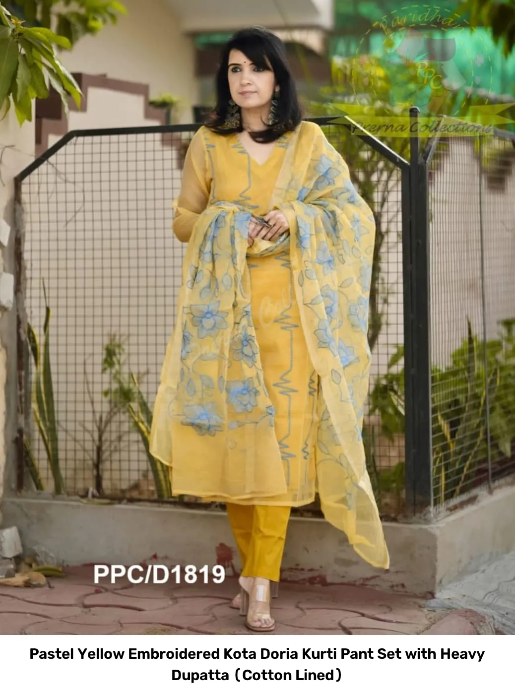 Pastel Yellow Embroidered Kota Doria Kurti Pant Set with Heavy Dupatta (Cotton Lined) 3