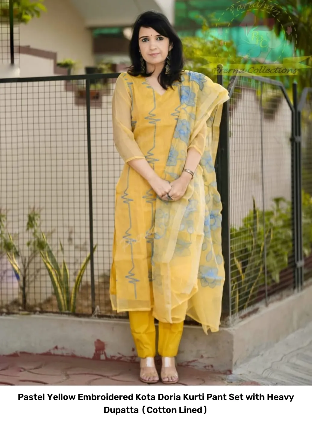 Pastel Yellow Embroidered Kota Doria Kurti Pant Set with Heavy Dupatta (Cotton Lined) 4