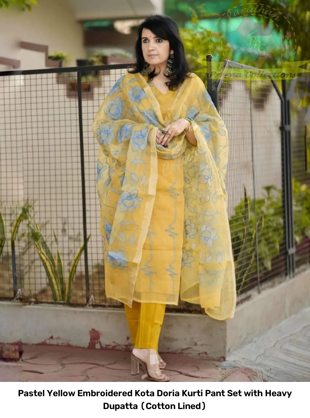 Pastel Yellow Embroidered Kota Doria Kurti Pant Set with Heavy Dupatta (Cotton Lined) 5
