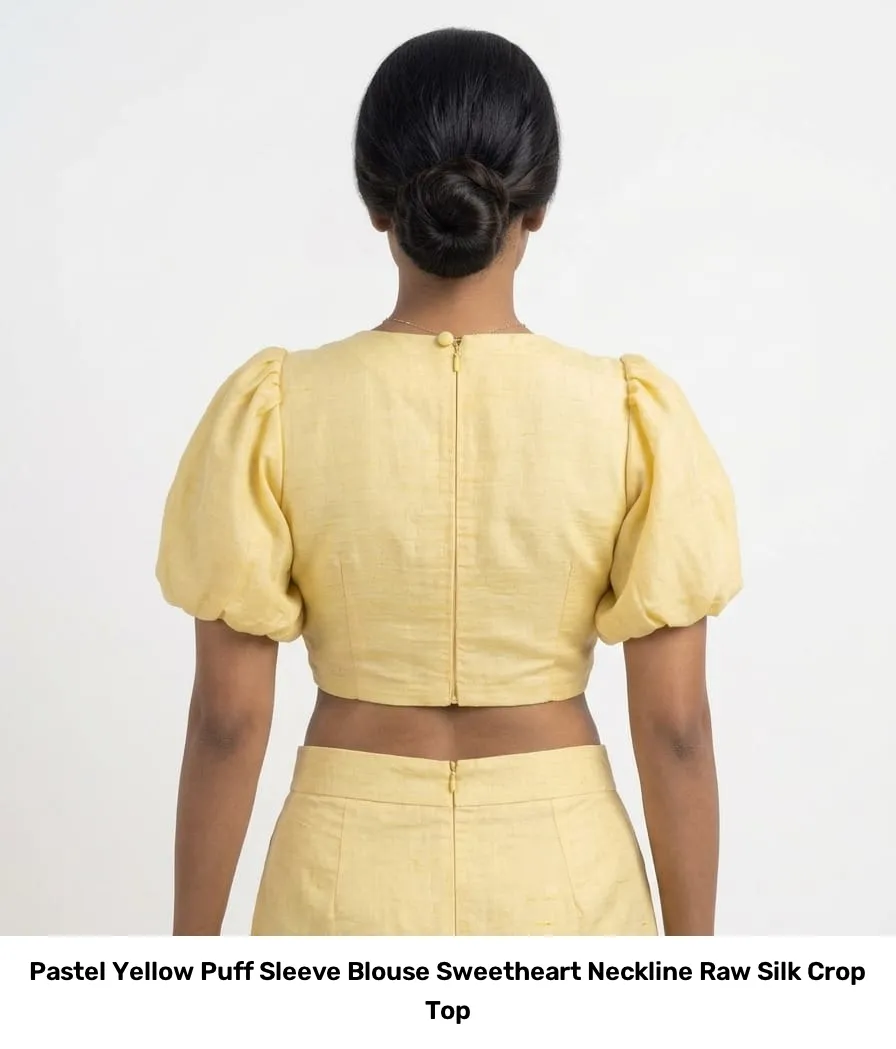 Pastel Yellow Puff Sleeve Blouse – Sweetheart Neckline Raw Silk Crop Top 2