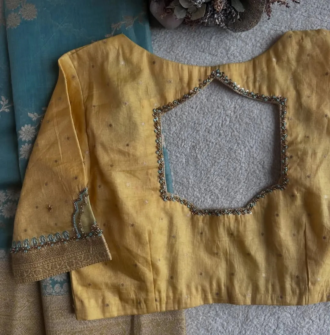 Pastel Yellow Raw Silk Saree Blouse | Hexagon Cutout Back Neck Blouse with Turquoise Bead Aari Work