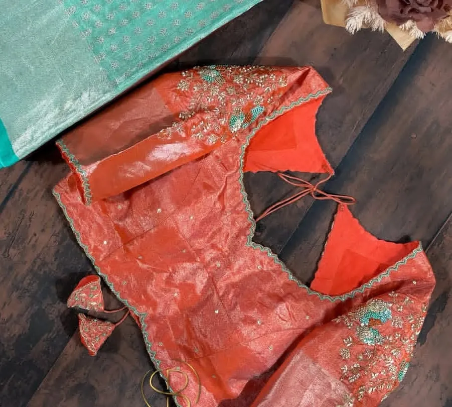 Peach Coral Tissue Silk Blouse Scallop Back Maggam Work