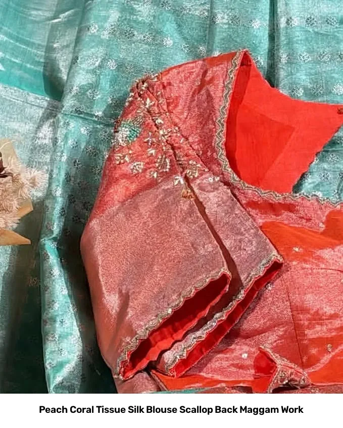 Peach Coral Tissue Silk Blouse Scallop Back Maggam Work 2