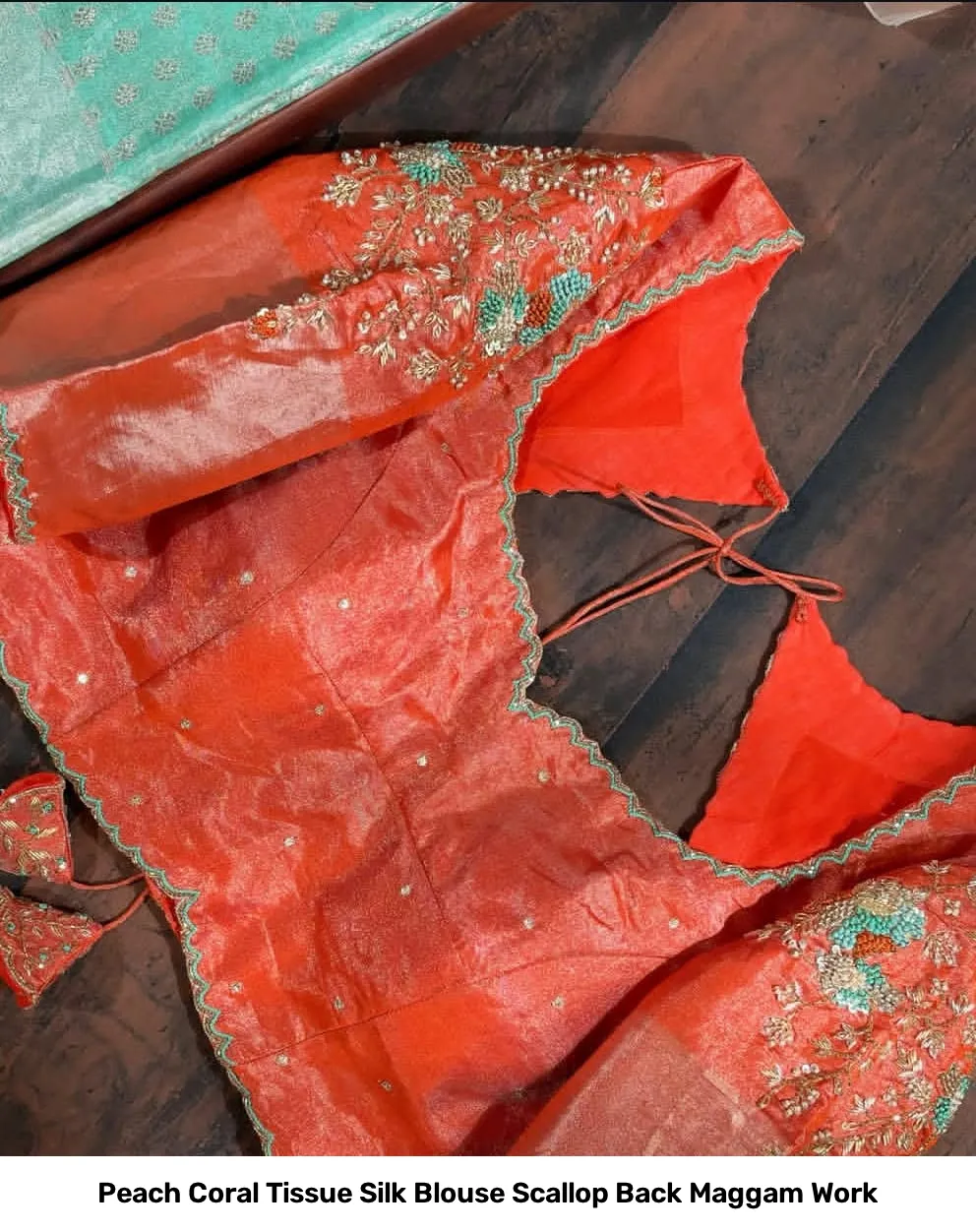 Peach Coral Tissue Silk Blouse Scallop Back Maggam Work 4