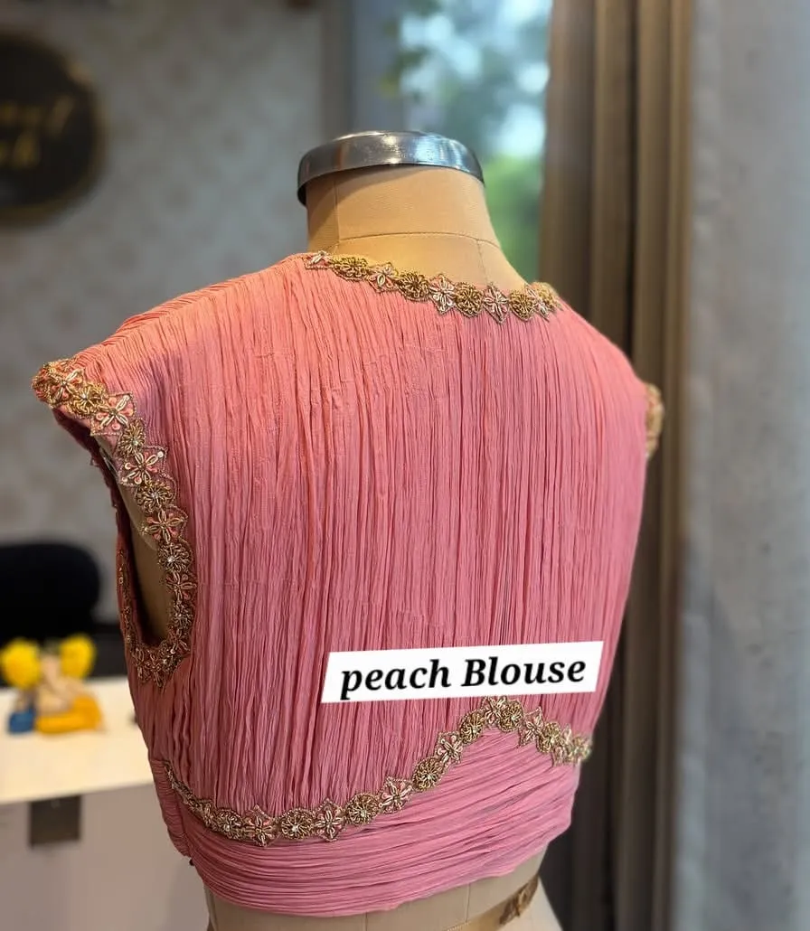 Peach Crush Georgette Readymade Saree Blouse with Scallop Zari Border – Sleeveless Wedding Blouse