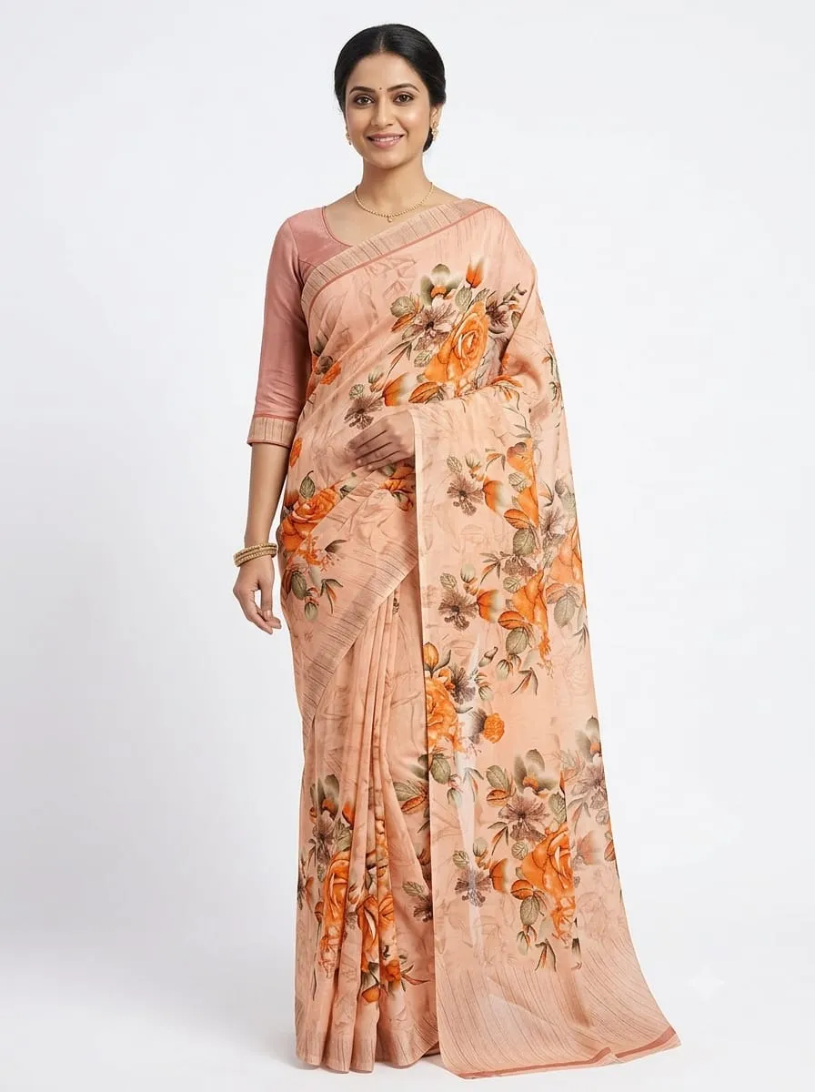 Peach Floral Soft Silk Saree with Elegant Zari Border & Matching Blouse