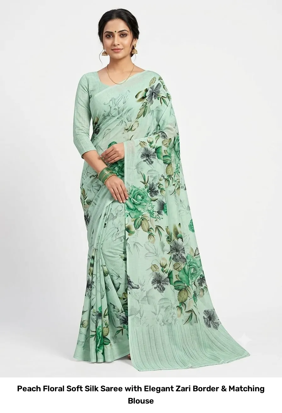 Peach Floral Soft Silk Saree with Elegant Zari Border & Matching Blouse 2