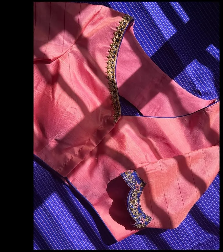 Peach Pink Raw Silk Blouse with Royal Blue Cutwork Sleeve Maggam Border