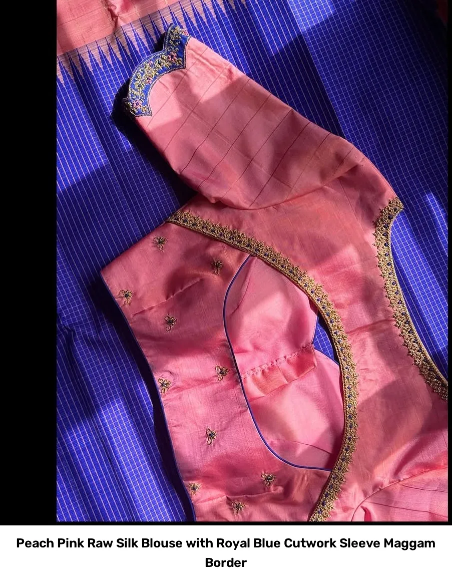 Peach Pink Raw Silk Blouse with Royal Blue Cutwork Sleeve Maggam Border 2