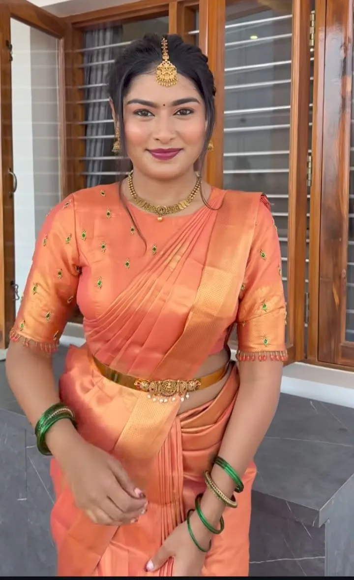 Peach Raw Silk Maggam Work Blouse with Bead Tassels