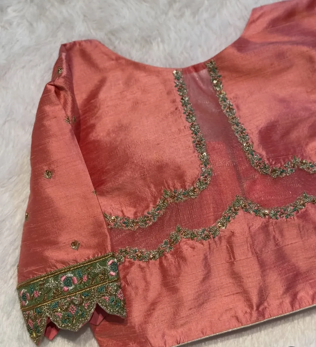 Peach Raw Silk Saree Blouse with Intricate Hand Zardozi Embroidery & Scalloped Sleeves | Readymade Designer Blouse