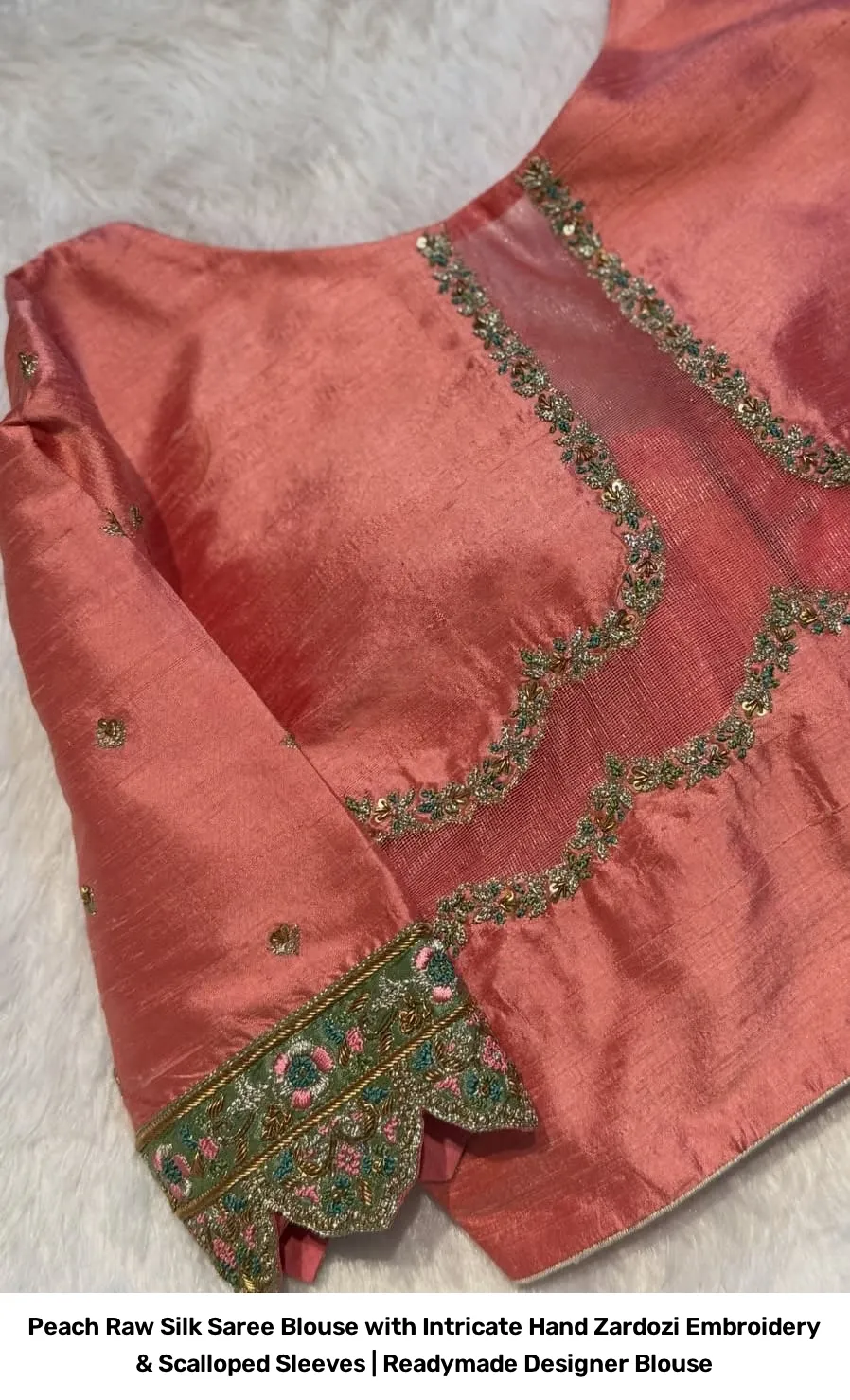 Peach Raw Silk Saree Blouse with Intricate Hand Zardozi Embroidery & Scalloped Sleeves | Readymade Designer Blouse 2