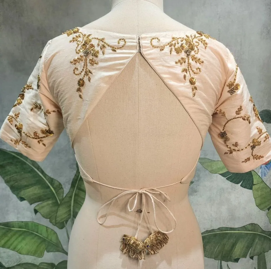 Peach Silk Blouse with Triangle Cut Out Back Zardosi Work 1